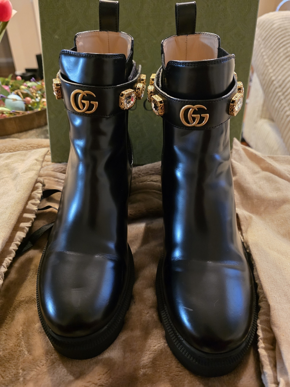 Gucci Black Leather Ankle Boots with Gold GG Hardware and Jeweled Strap